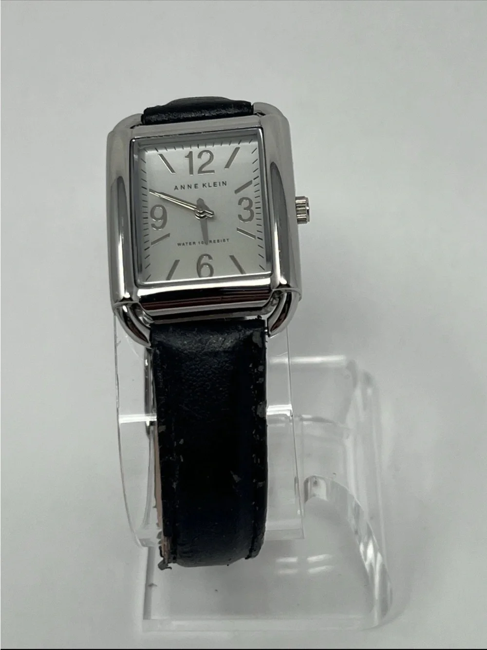 Anne Klein Women’s Watch Y121E 10/9997 Black Leather Silver Dial Tank Ladies